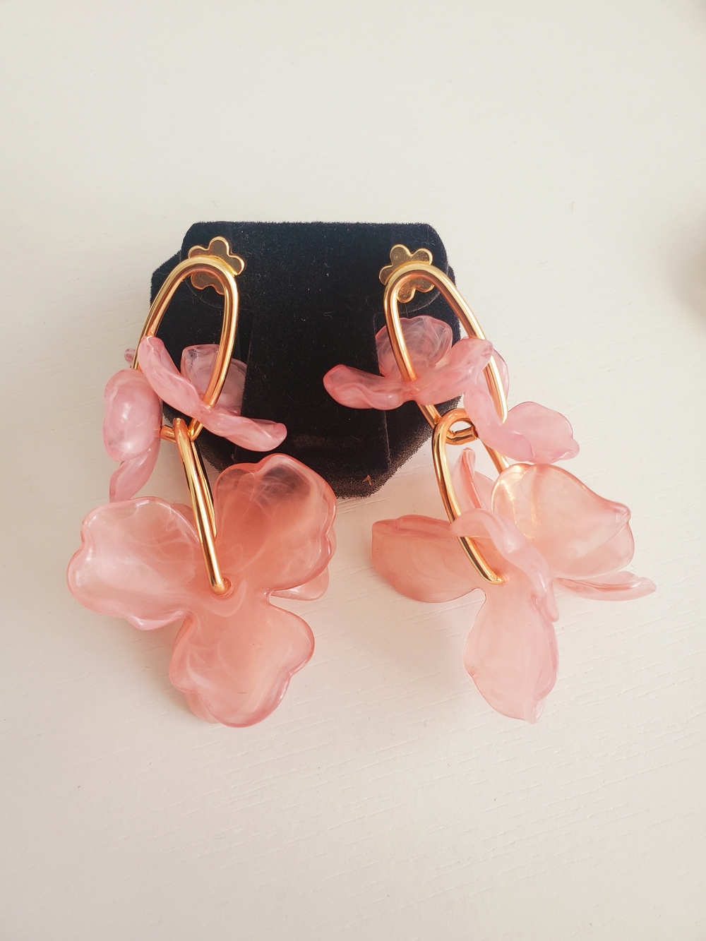 Pink Floral Drop Earrings - Gold Hoop Accent